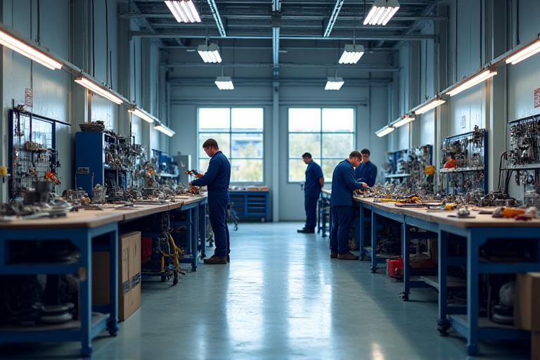 Blick in eine saubere, moderne Metallwerkstatt mit Handwerkern bei der Arbeit