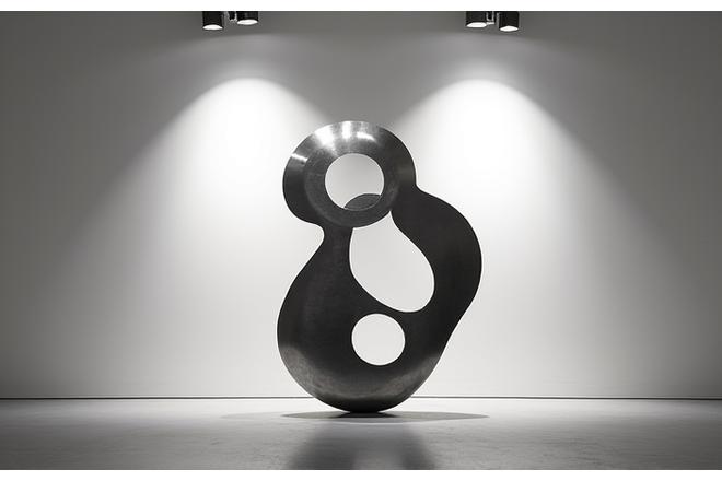 Abstrakte moderne Metallskulptur im Galerielicht